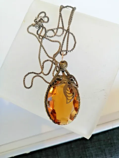 Gorgeous ART DECO Faceted CZECH Amber Glass &  Brass  Pendant Necklace 48cm