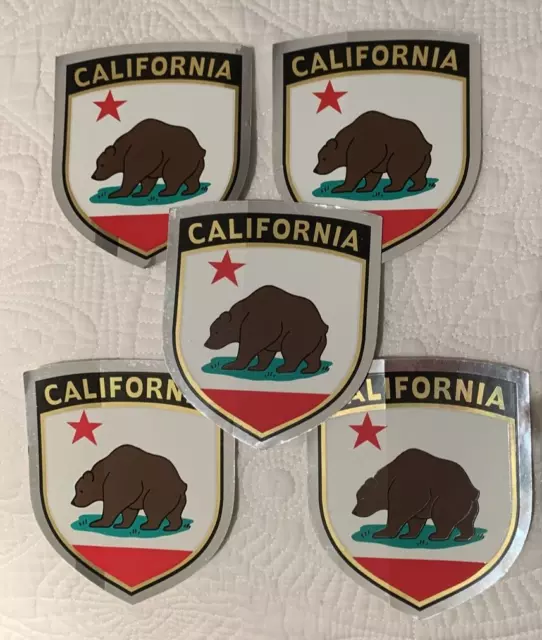Lot of 5 CALIFORNIA State Bear Shield Bumper Stickers Reflective 3.5" X 4"