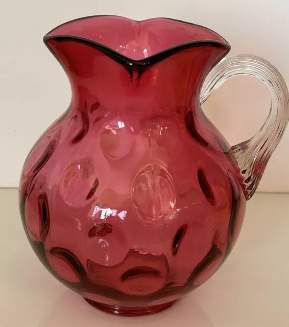 Fenton Art Glass CRANBERRY PITCHER INVERTED THUMBPRINT COIN DOT CLEAR HANDLE