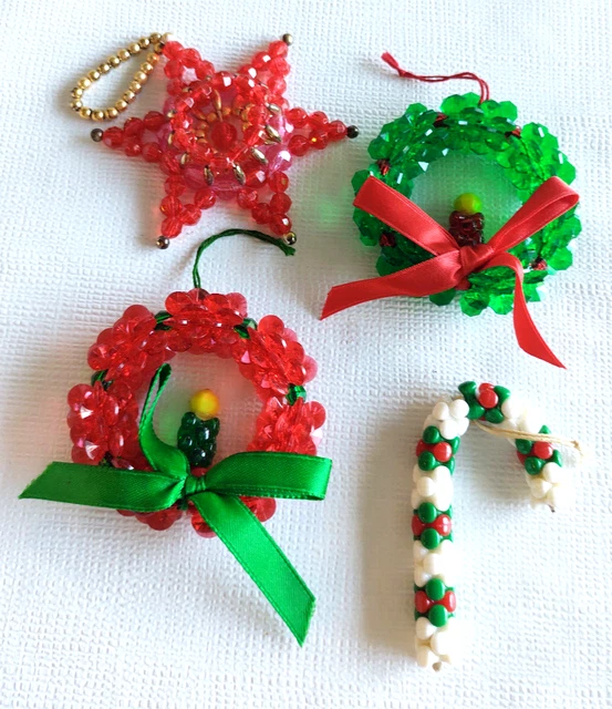 4 Vintage? Handcrafted Beaded Christmas Ornaments~ 2 Wreaths, Candy Cane, Star