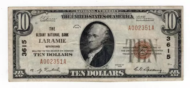 1929 Ty. I $10 The Albany National Bank, Laramie, Wyoming Charter 3615