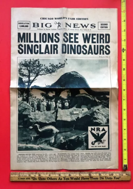 Vintage 1930s Sinclair Oil Gas Original Dino Dinosaur Worlds Fair Newspaper Sign