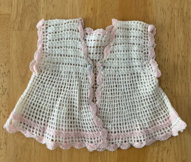 Vintage  Baby / Doll Clothing Layette White Crochet Sweater Vest with Pink Trim