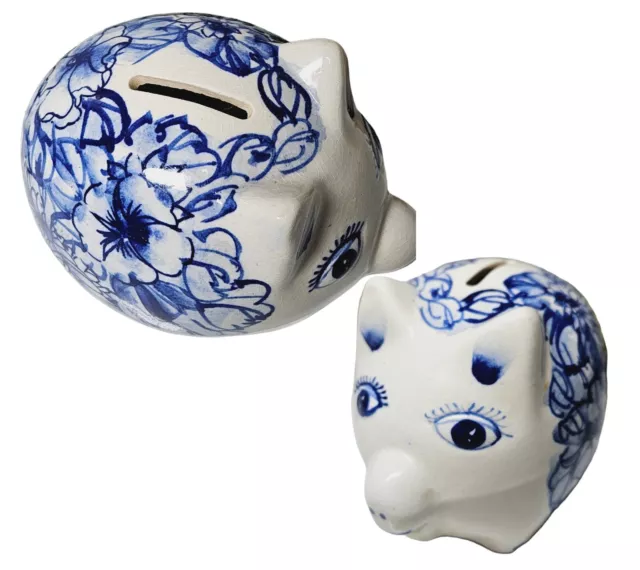 Vintage Hand Painted Delft White Pig/ Piggy Coin Bank With Blue Flowers  sealed