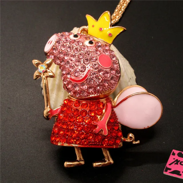 New Red Bling Cute Crown Pig Fairy Crystal Pendant Fashion Women Chain Necklace
