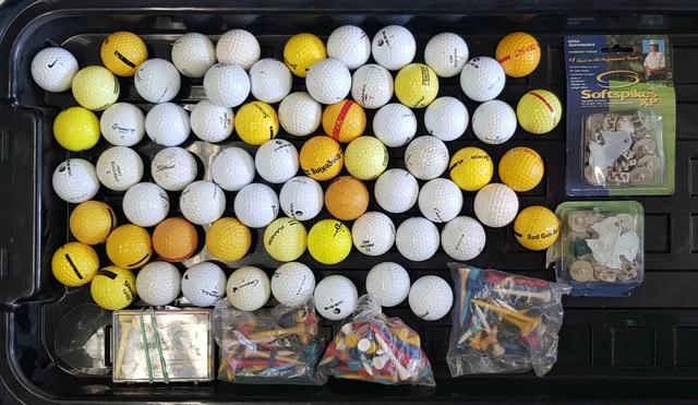 Lot Golf 65 balles + tees + softspikes + Balles Lady neuves