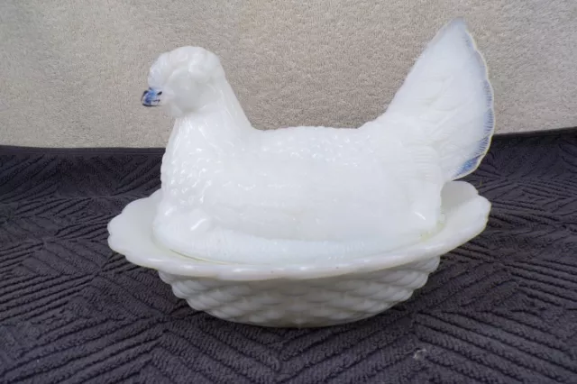 Vintage White Milk Glass Chicken Hen on Nest Covered Dish