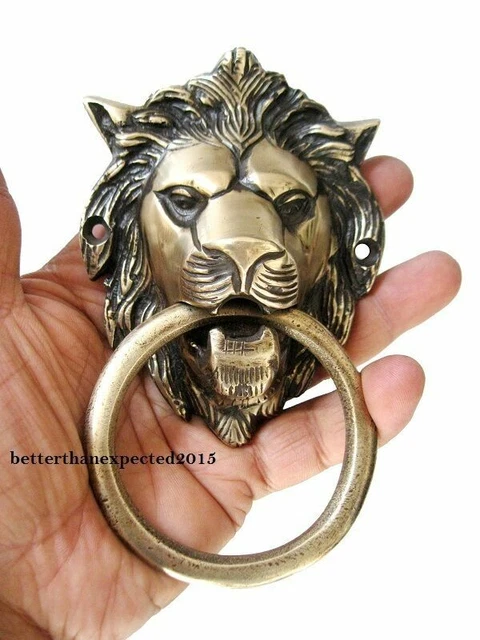 Vintage Style Main Fabriqué Laiton Massif Lion Heurtoir de Porte Poignée