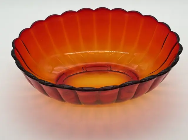 Large 11 x 8 x4" Lotus Flower Amberina Bowl Glass Scalloped Rim Glass VTG Glows