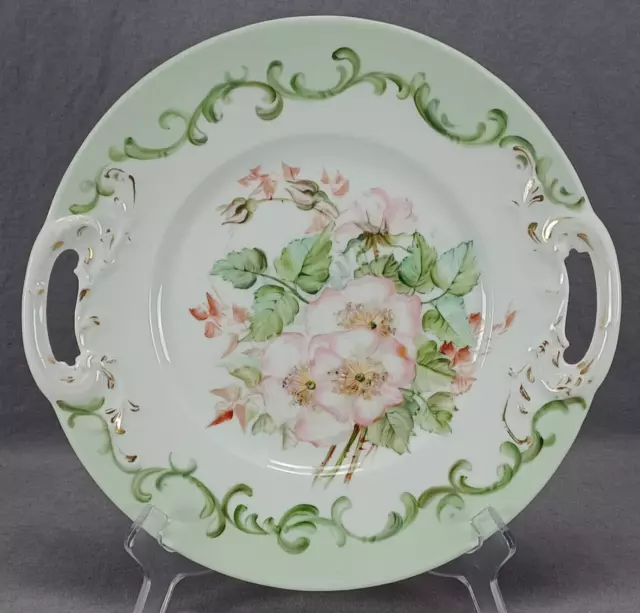 JP Limoges Hand Painted Pink Roses Green Scrollwork & Gold Cake Plate