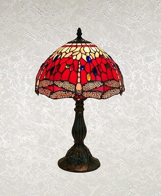 Tiffany Style Red Multi Color Stained Glass Dragonfly Table Lamp, Shade 12".
