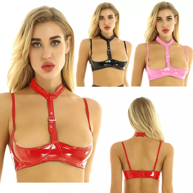 Women's Wetlook Patent Leather Halter Neck Open Cups Bra Tops Lingerie Bralette