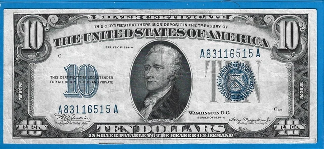 1934 A $10 Silver Certificate Note,Blue Seal,Circ VF,Nice!