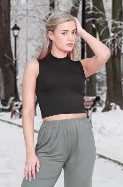 Turtle Neck Crop Top Womens Sleeveless Vest Plain T-Shirt Stretchy Polo Neck Top 2