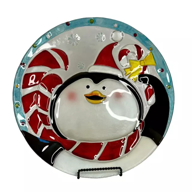 Fused Glass Christmas Penguin Lori Siebert Silvestri  13” Translucent Plate