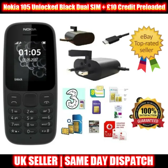 Nokia 105 sbloccato (4a edizione 2019) telefono DUAL SIM nero + £10 crediti caricati