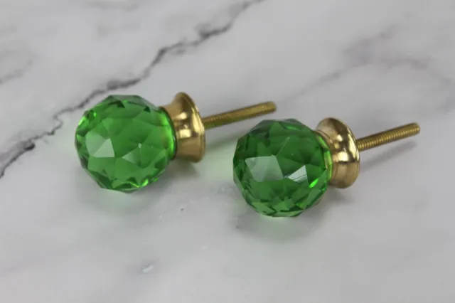 Vintage Victorian Style Cut Glass Door Knobs: Green Crystal Brass Knob Set, Pair 3