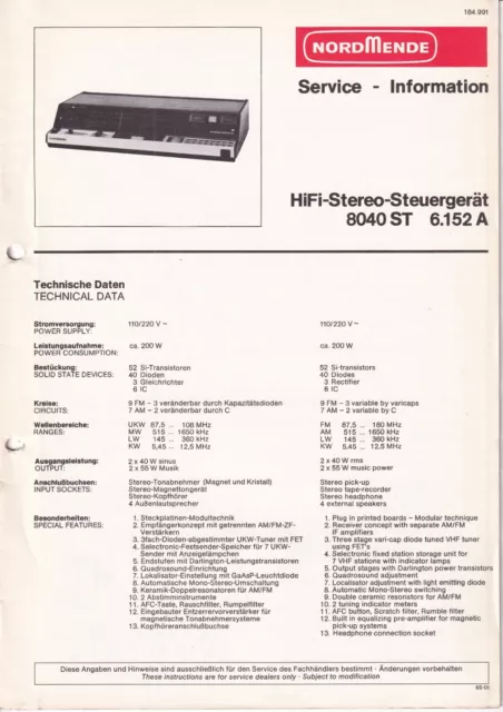 Service Manual-Anleitung für Nordmende Hifi Stereo 8040 ST