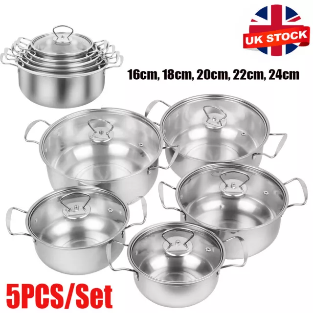 5Pcs/Set Stainless Steel Cookware Set Casserole Stockpot Pot Hob With Glass Lids