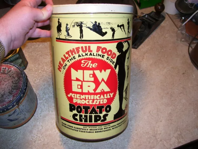 Vintage "The New Era" Large Potato Chip Metal Tin Canister