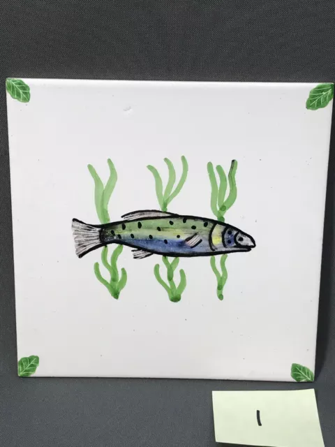 FISH 1of2 - Hand-Painted Vtg 6" Portuguese Art Tile AZUPAL POMBAL Portugal XAZCP