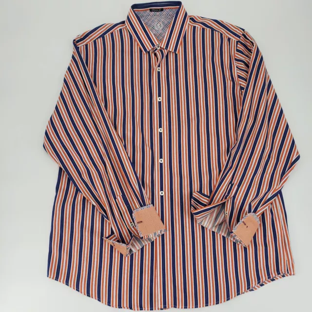 Bugatchi Uomo Men's L  Blue/Orange/White Striped Classic Fit L-Sleeve Shirt 0565