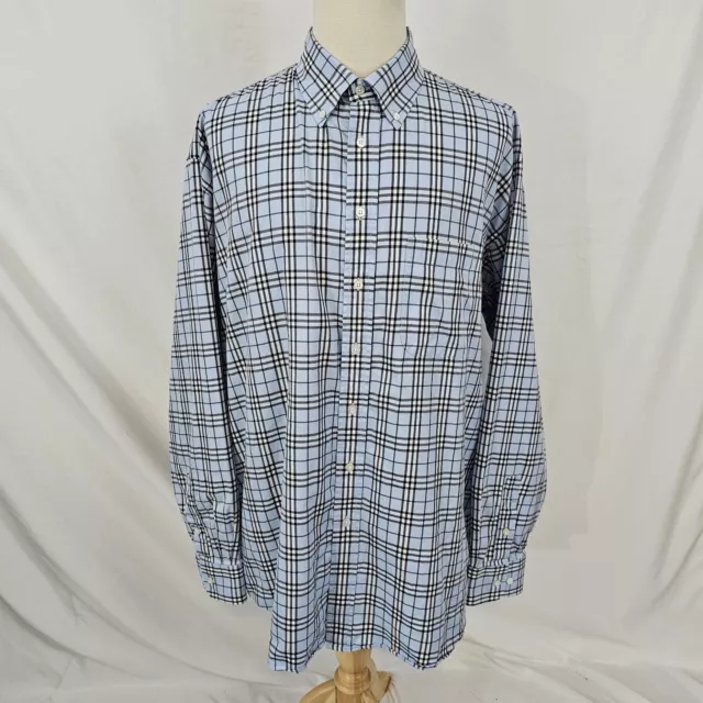 Burberry London Men's Plaid Shirt Blue Gray Button Up 2XLT 2XT Made in USA EUC