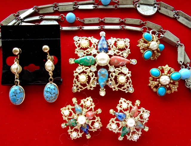 Vintage Signed Coventry Galaxy Brooch Lot Signed Art Clip Earrings Faux Pearl AB