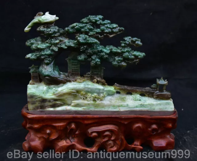 9.4" Rare Chinese Natural Dushan Jade Carved Tree Bridge Statue Sculpture