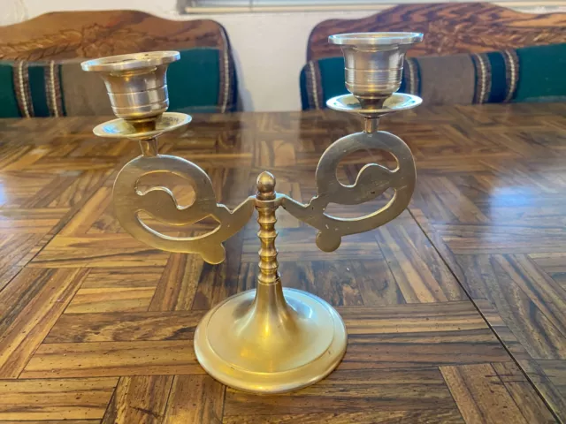 Vintage Unique 2 Arm Double Candelabra Solid Brass Candle Holder Ornate 4"x6"