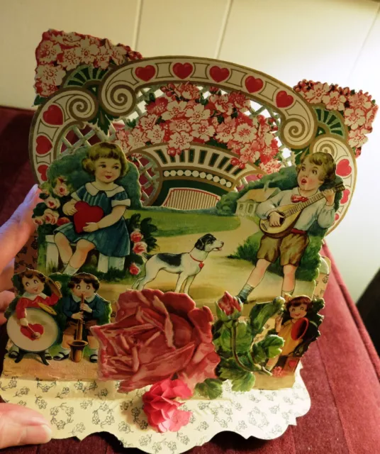 Vintage Large Germany Pull Outs Children Rose Dog Valentine Honeycomb 2