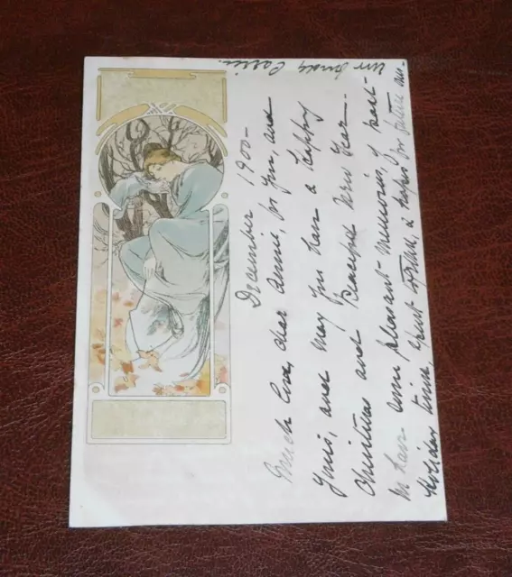 Original Alphonse Mucha  Art Nouveau Glamour Postcard - Winter.