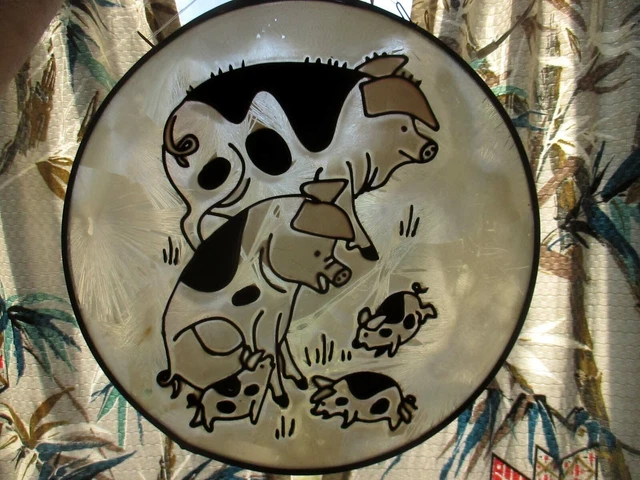 ADORABLE Vtg  stained glass Suncatcher pig Family Piglets Window Hanging 12"