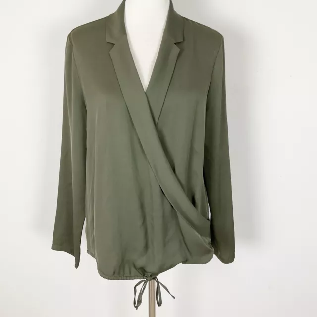 THEORY Size LARGE Olive Green 100% Silk Wrap Popover Top Blouse Women’s