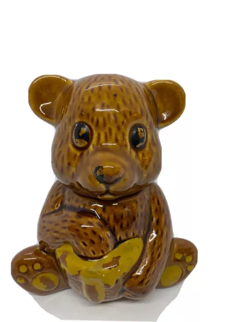 Vintage Lidded Honey Pot Jar Bear Shaped Ceramic Pottery Made in Taiwan 5"