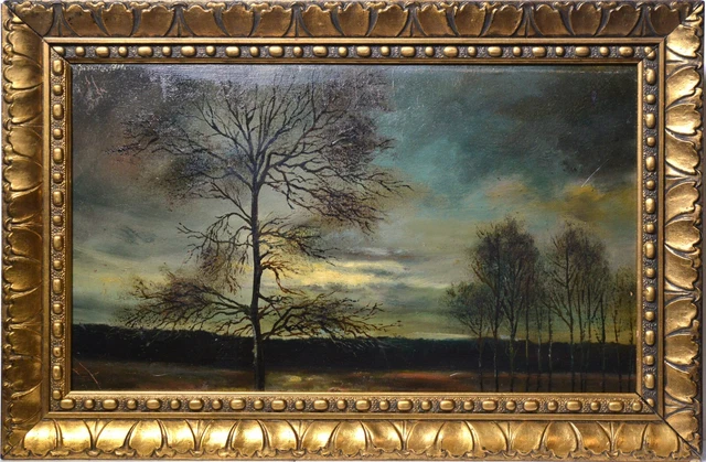 Magic of Twilight forest Modernist oil landscape w Art Nouveau frame Signed