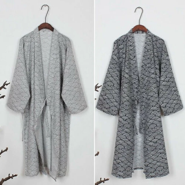 Lungo Accappatoio Casa Kimono Giapponese Cotone Vestaglia Notte Lounge Wear Uomo
