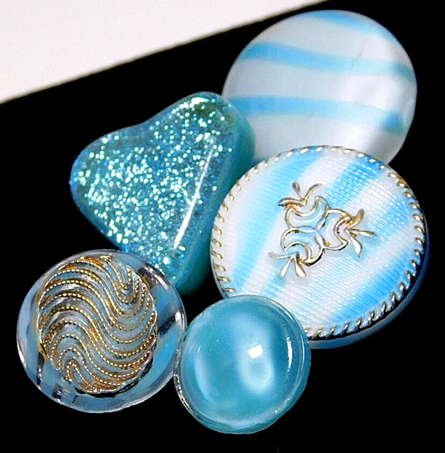 5 Antique Vtg Glass BUTTONS Turquoise White & Gold NICE #J1