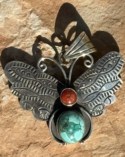 Southwestern Sterling Stamped Butterfly w Coral And Turquoise 12 Grams
