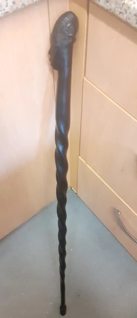 Antique Ebony Tribal African Walking Stick/Cane Carved Man Head - 91.5cm VGC