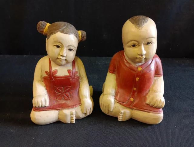 Paire De Statuettes Asiatiques En Bois Serre Livres H 21cm