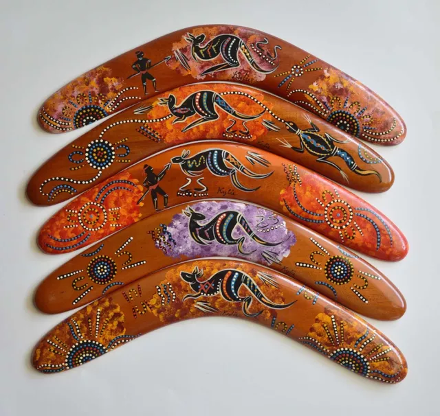 5 x Australian Handcrafted-Painted Boomerang Aboriginal Art- Quality Timber- 18"