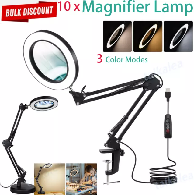 10X Magnifying Glass Desk Light Magnifier LED Lamp Reading Lamp With Base& Clamp