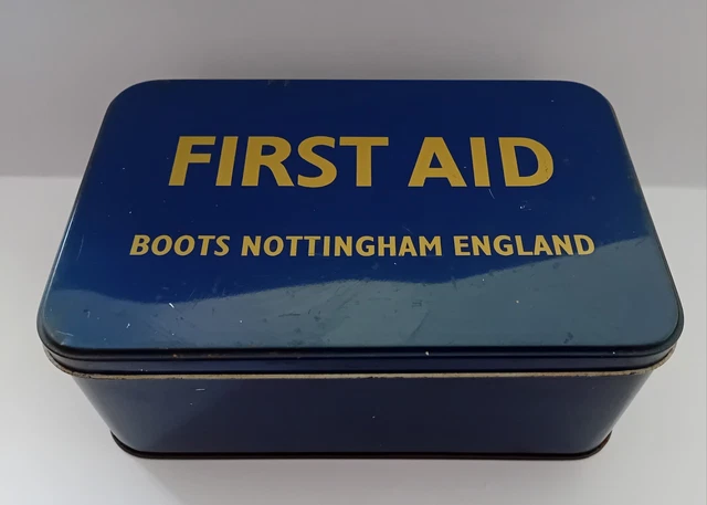 Boots of Nottingham First Aid Tin Hinged Lid Blue with Gold Lettering Empty