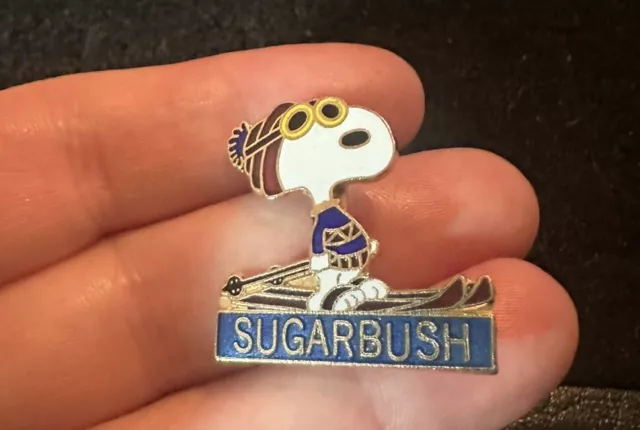 Snoopy SUGARBUSH Vtg Skiing Ski Pin Badge VERMONT Resort Souvenir Travel Lapel