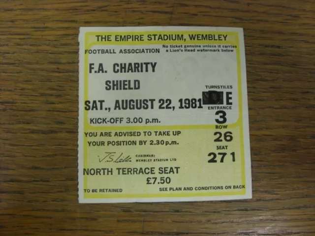 22/08/1981 Ticket: FA Charity Shield, Aston Villa v Tottenham Hotspur [At Wemble