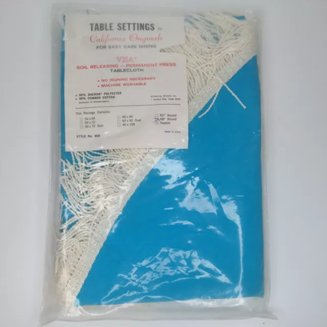 New NOS Vintage California Originals 68" Fringed Round Blue Tablecloth Made USA