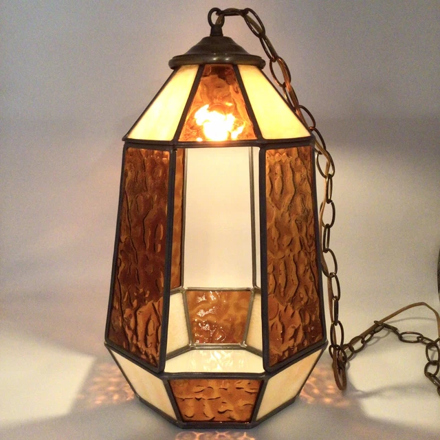 Vintage Hanging Terrarium Planter Swag Lamp Light Stained Slag Glass MCM 1970s