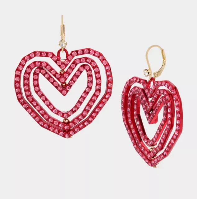 $68 Betsey Johnson Red Metallic Look Into Your Heart Triple Heart Drop Earrings