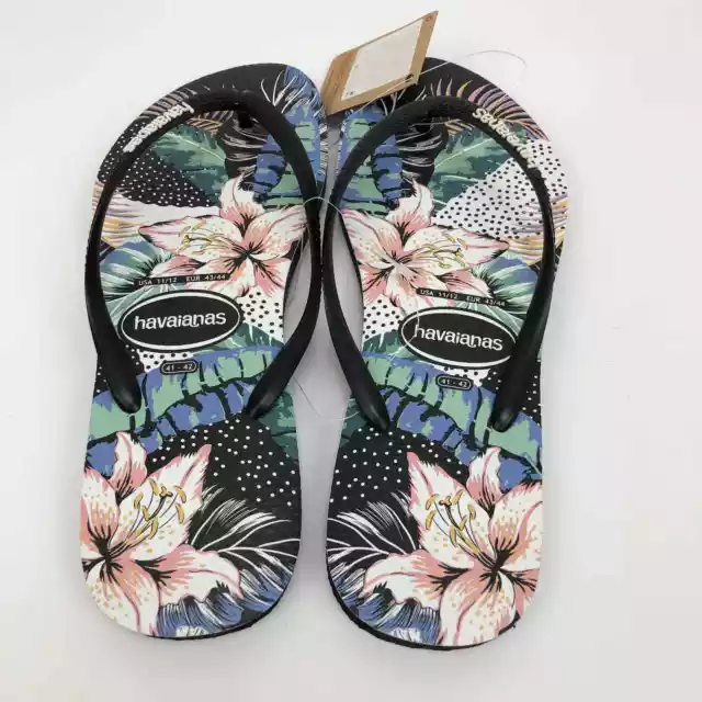 Havaianas Womens Flip Flops 11/12 Black Slim Animal Floral Thong Sandals NWT